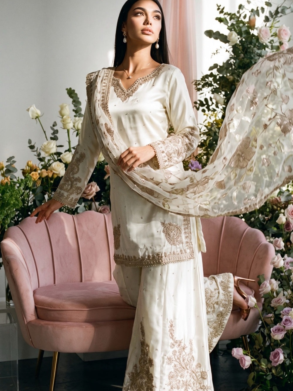 Elegant Ivory Embroidered Pakistani Dress